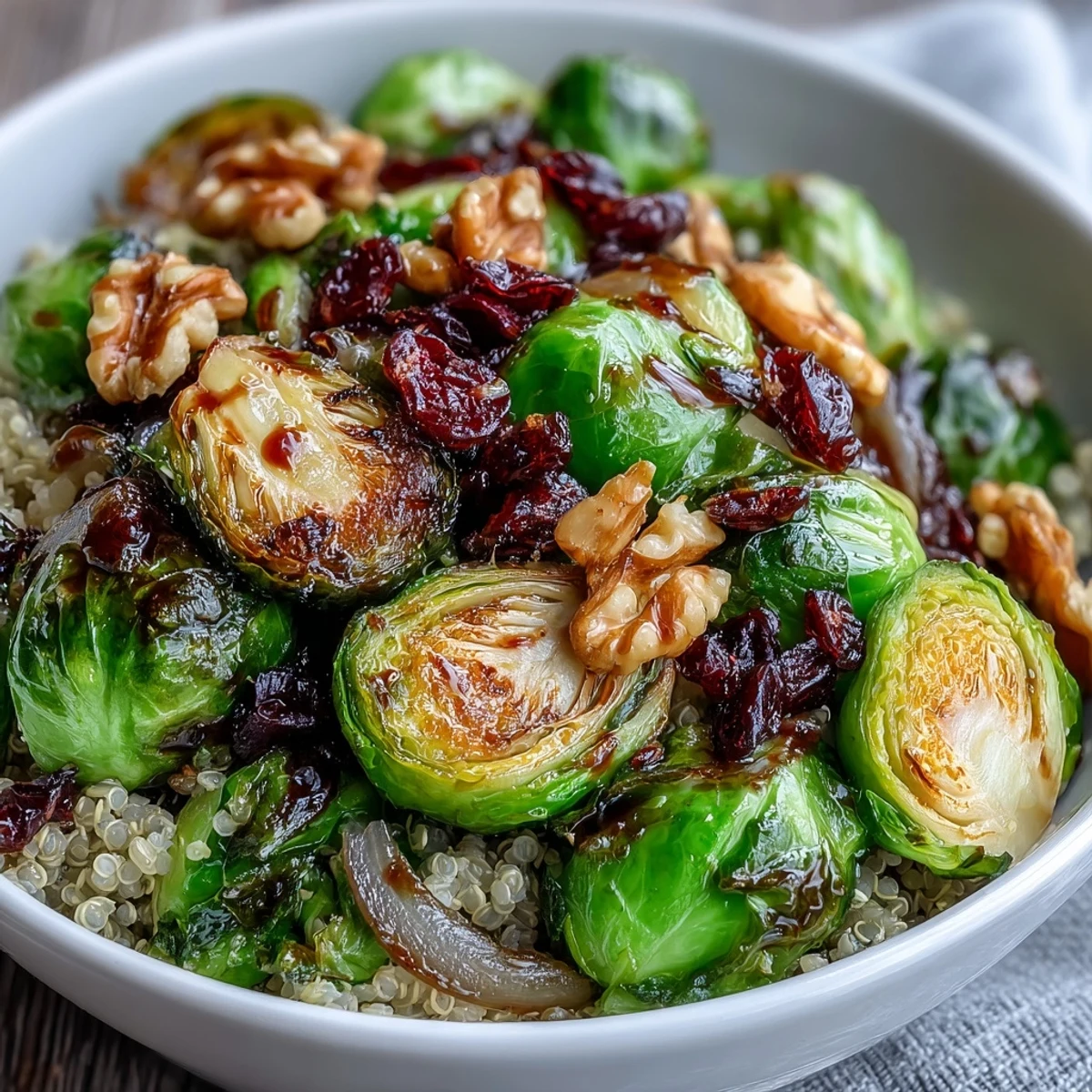 Golden roasted Brussels sprouts bowl with caramelized edges served over fluffy quinoa, topped with toasted walnuts and dried cranberries.