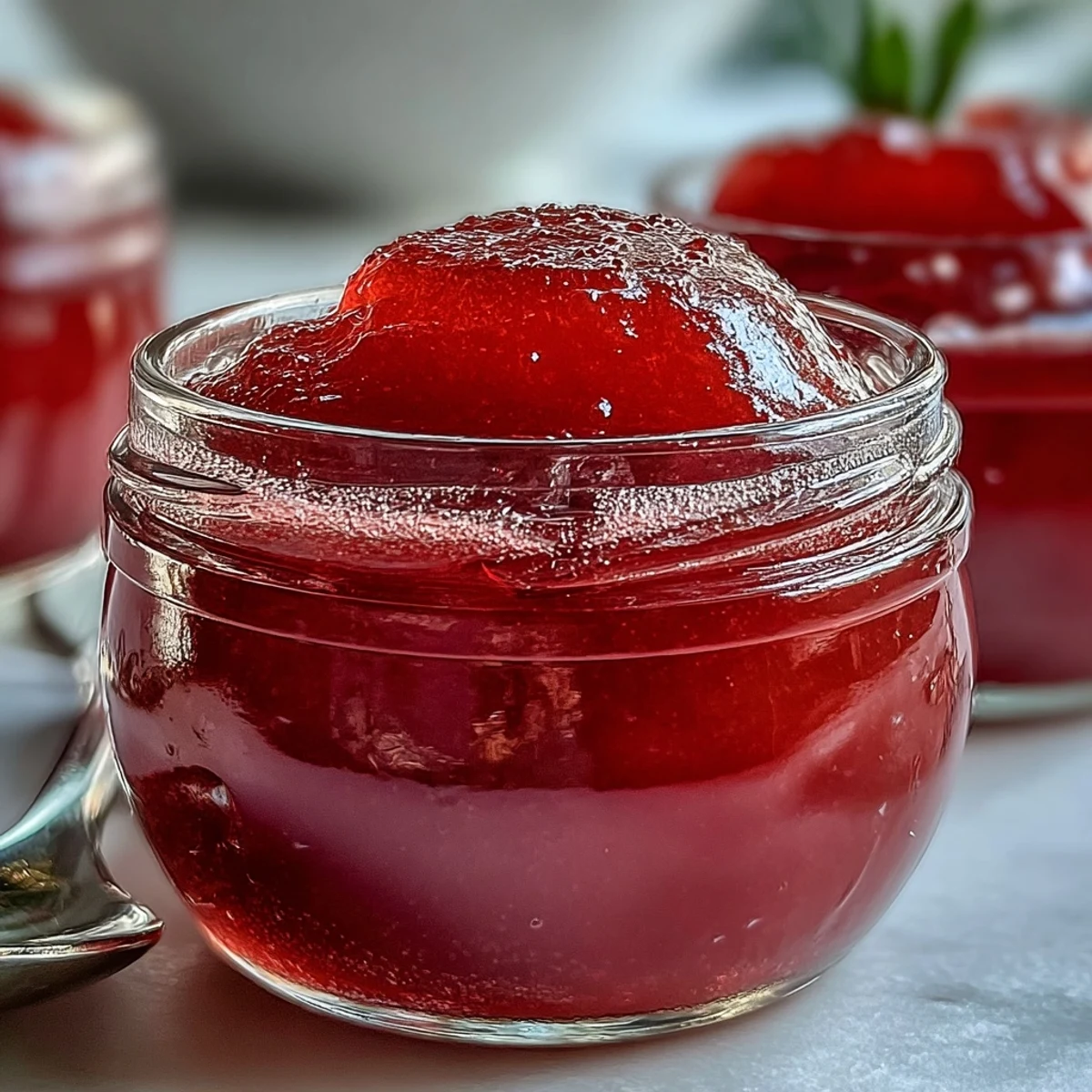 Glistening, rosy guava jelly glistens in a glass jar, ready for toast or thumbprint cookies.