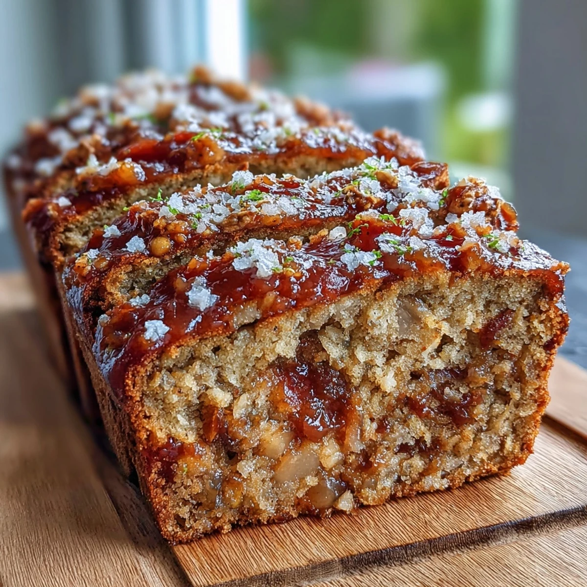 Freshly baked Vegan Cardamom Guava Banana Bread loaf showing a moist, golden-brown crumb with chopped walnuts and coarse sugar topping.