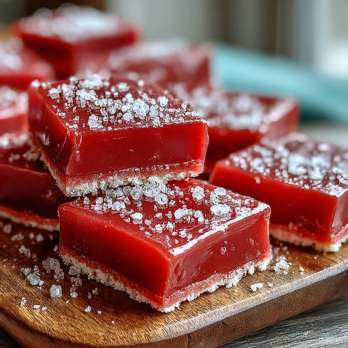 Jewel-toned guava cheese squares dusted with superfine sugar on a rustic wooden board. 