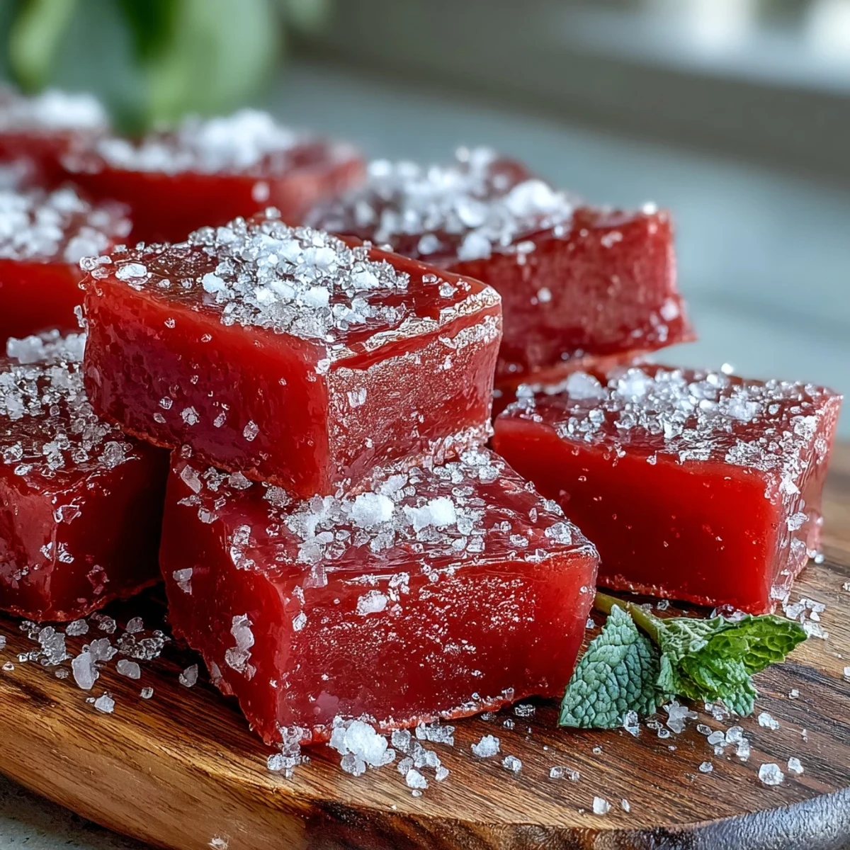 Sliced guava cheese confection showing a smooth, glossy texture with a fresh lime wedge. 
