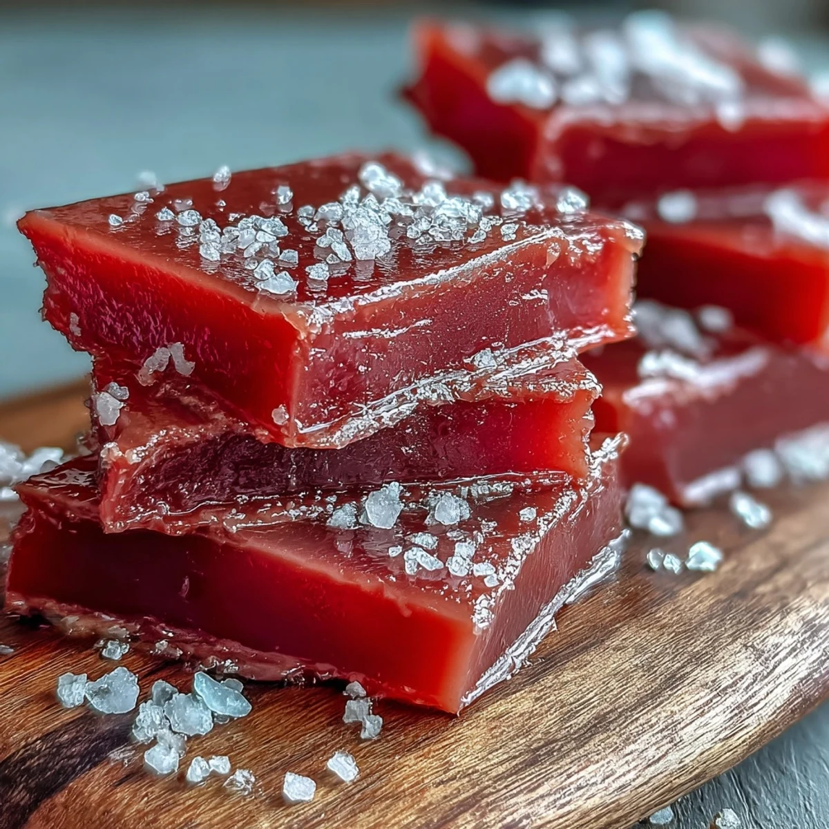 Smooth, glossy guava paste, sliced and served alongside sharp Manchego cheese and buttery crackers.