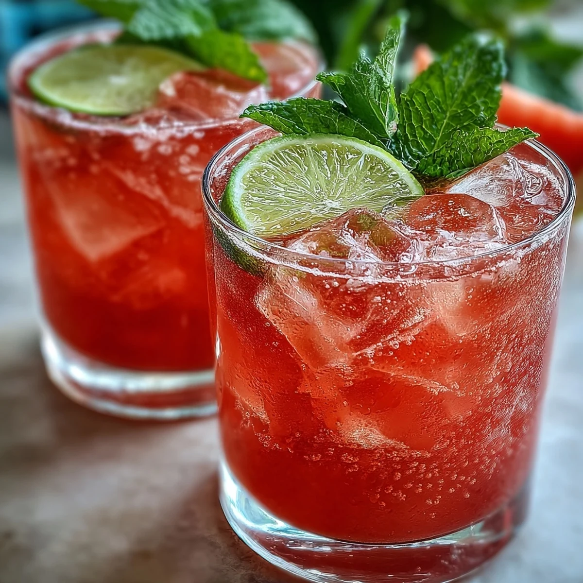 Two tall glasses of Guava Juice With Sparkling Water filled with ice cubes, lime slices, and fresh mint leaves on a sunny outdoor table.