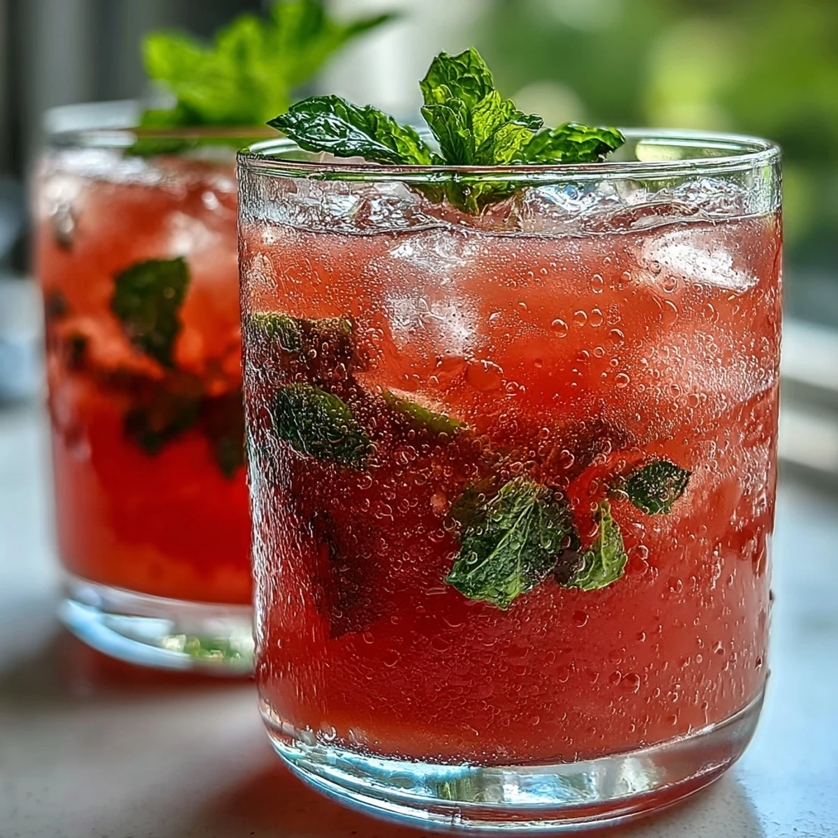 A single glass of Guava Juice With Sparkling Water garnished with a lime wheel and mint sprig, condensation dripping down the cold glass.
