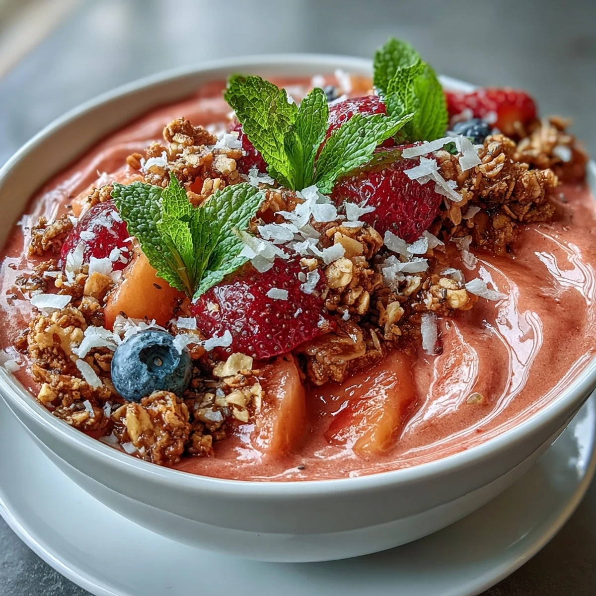Two bowls of creamy guava and mango smoothie bowl topped with granola, fresh berries, and coconut flakes.