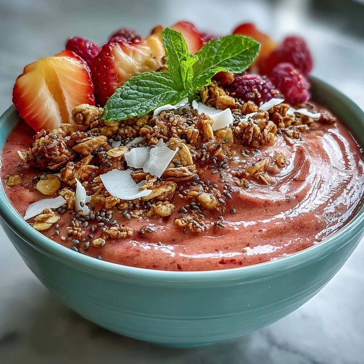 A close-up view of a tropical guava and mango smoothie bowl with mint garnish on a bright table.