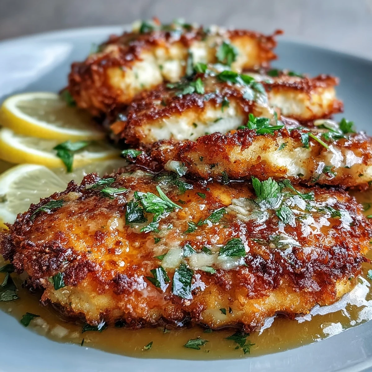 Golden crispy parmesan-crusted chicken cutlets served with a bright, silky lemon butter sauce over pasta.