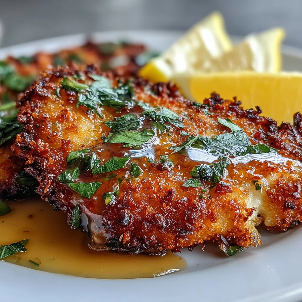 Lemon Parmesan Crusted Chicken with Lemon Butter Sauce drizzled with fresh parsley and lemon slices.