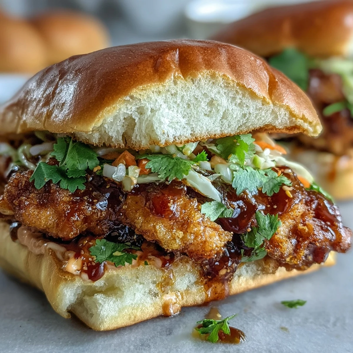 Golden-brown Thai Fried Chicken Sandwich on a brioche bun with pickled carrots and cilantro garnish.