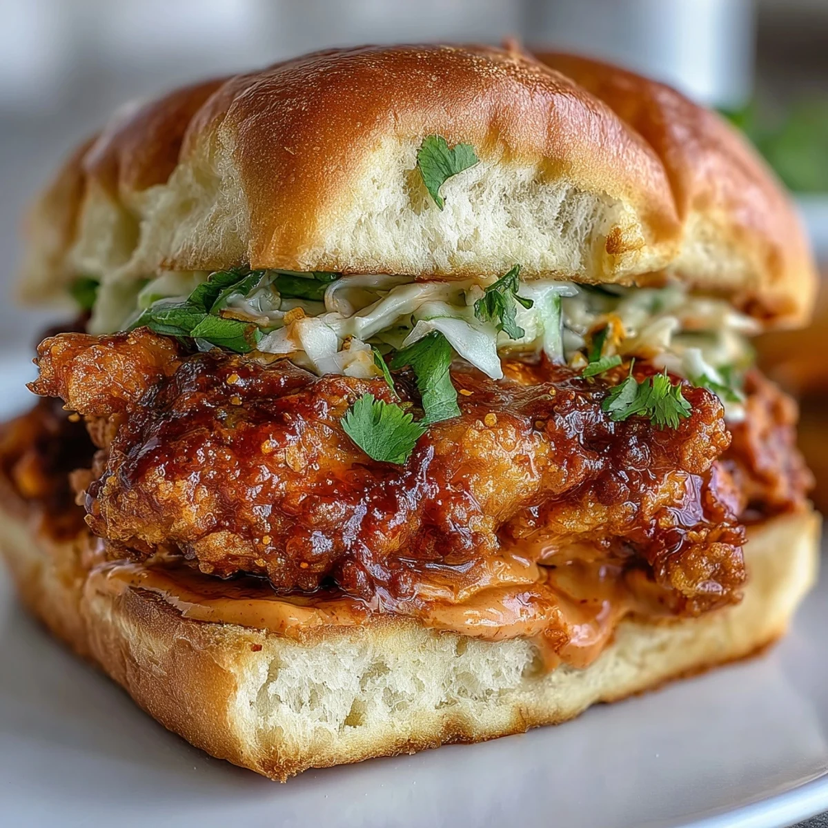 Serving suggestion of a Thai Fried Chicken Sandwich cut in half, revealing juicy fried chicken inside.