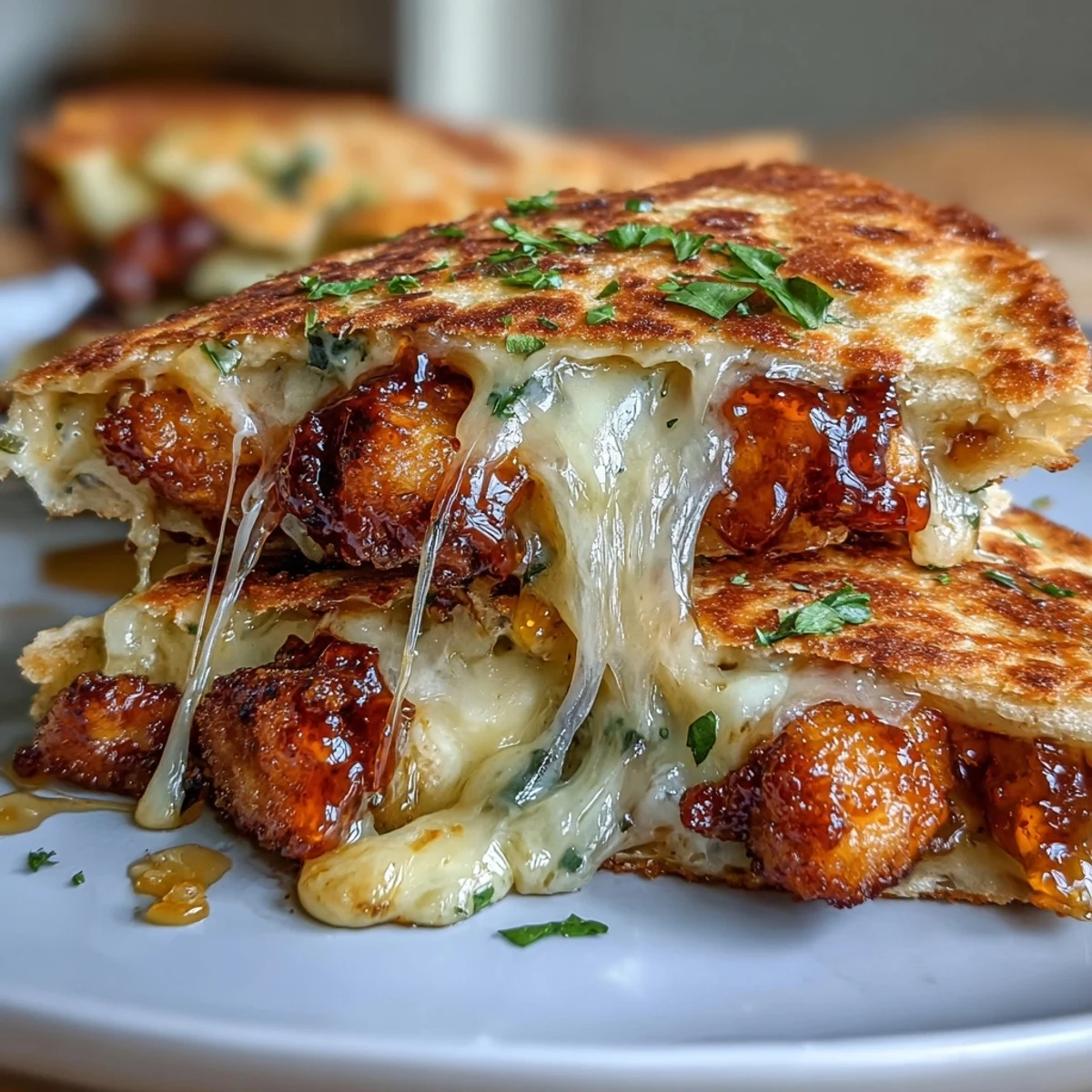 Cheesy Hot Honey Chicken Quesadillas cut into wedges, revealing tender chicken in spicy honey sauce and gooey melted cheese.