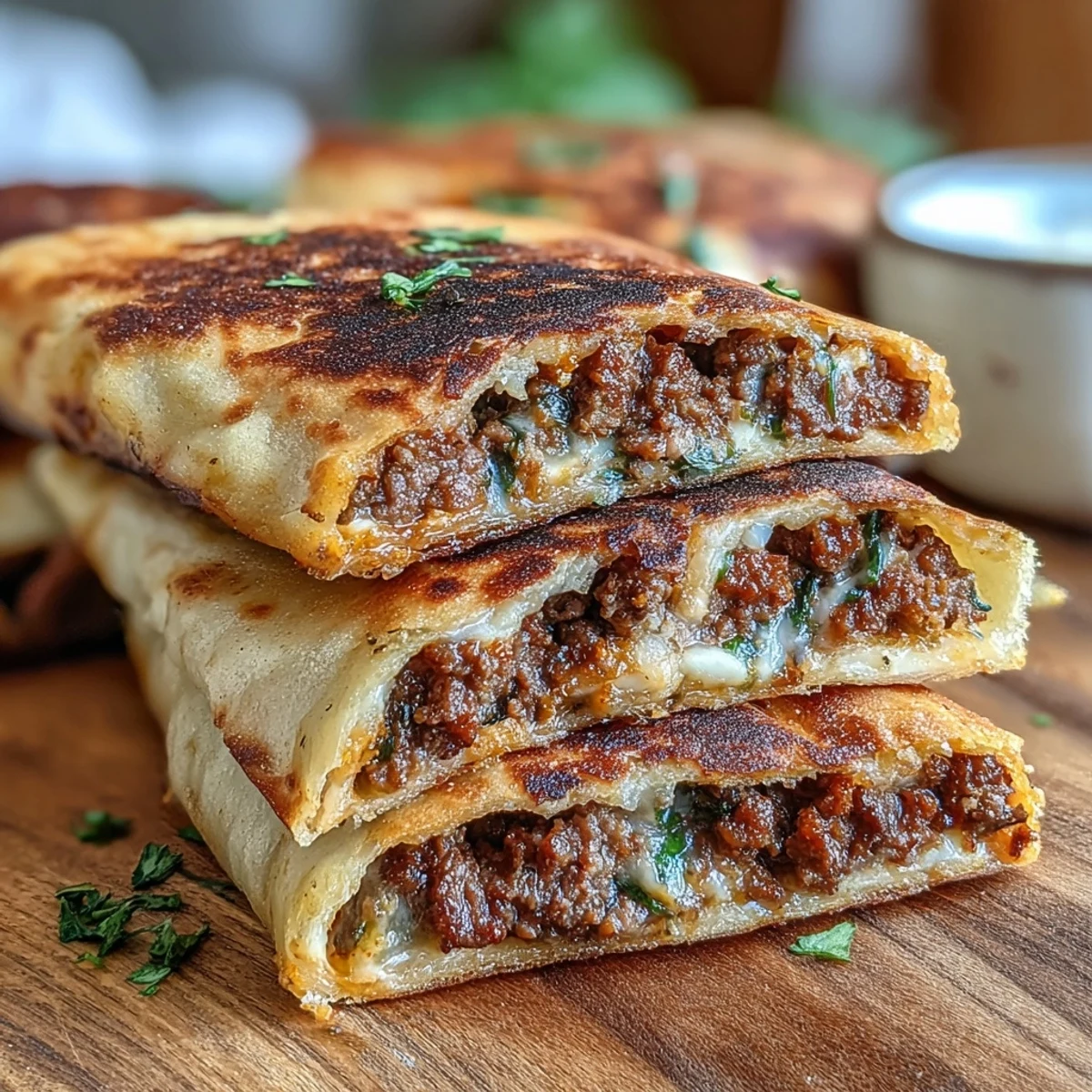 Golden-brown Crispy Lebanese Arayes sliced open to reveal the juicy, herb-seasoned meat filling.