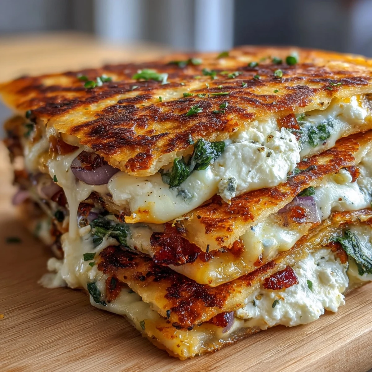 Golden-brown Mediterranean Quesadillas with spinach, feta, and melted mozzarella on a plate.