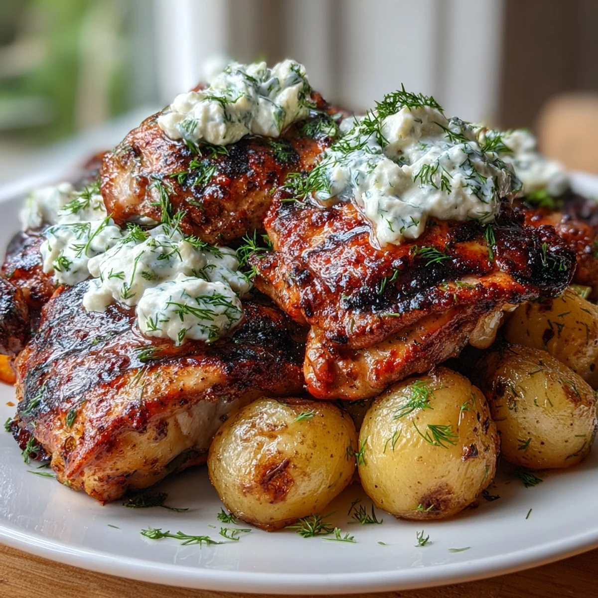 Golden brown crispy baby potatoes plated beside spicy yogurt marinated chicken, smothered in tangy dill feta cream for a Mediterranean-inspired dinner.