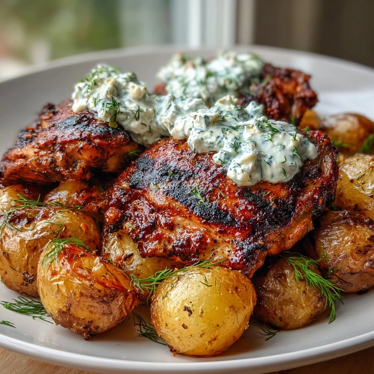 Juicy grilled chicken thighs marinated in spicy yogurt with charred edges, topped with refreshing dill feta cream on a rustic plate.