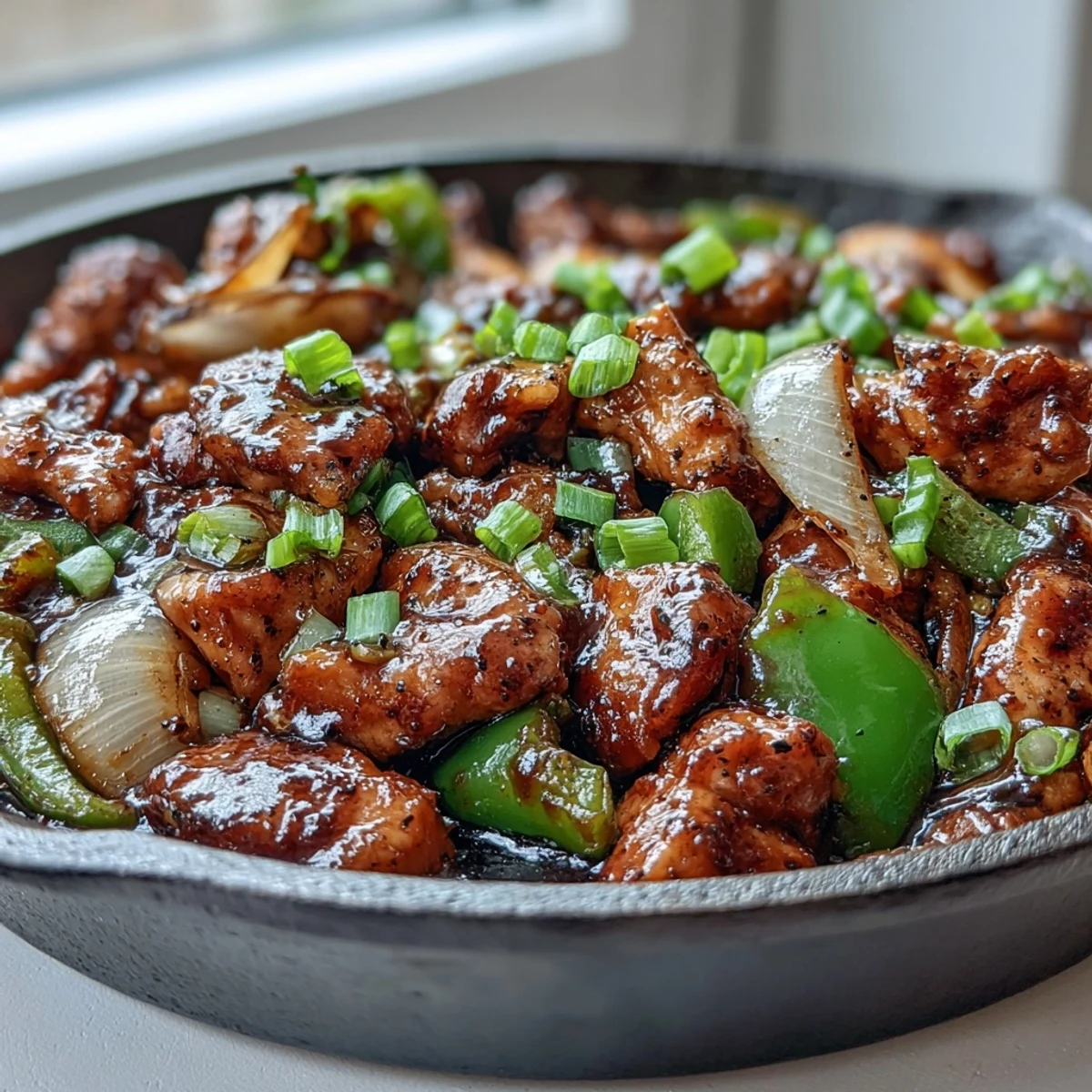 Freshly ground peppercorn coats tender chicken thigh pieces, sautéed with crisp green bell pepper and aromatic garlic slices.