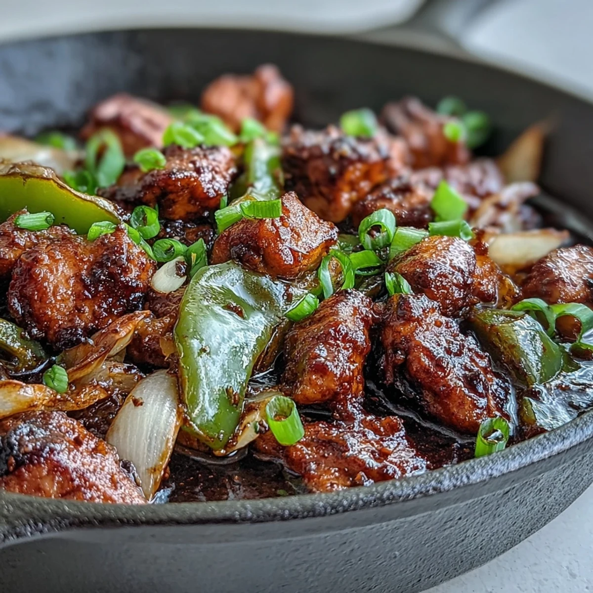 Tossing vibrant green bell pepper and onion slices with tender chicken in a savory black pepper sauce.