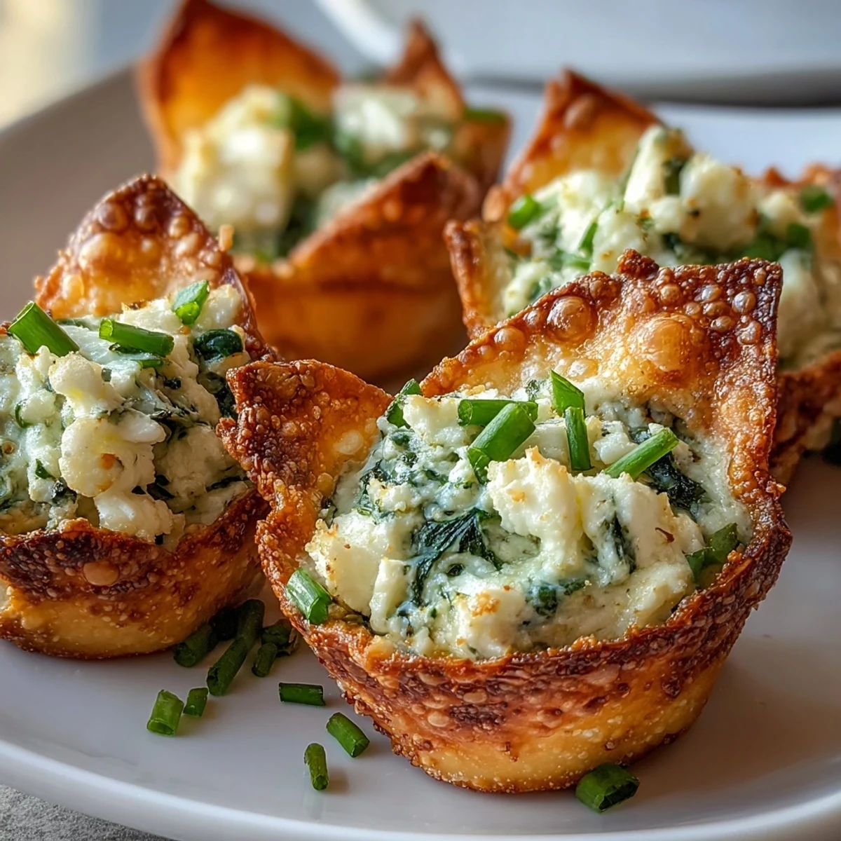 Golden, crispy Crispy Spinach Feta Wonton Cups rest on a white platter, showcasing flaky edges and savory filling.