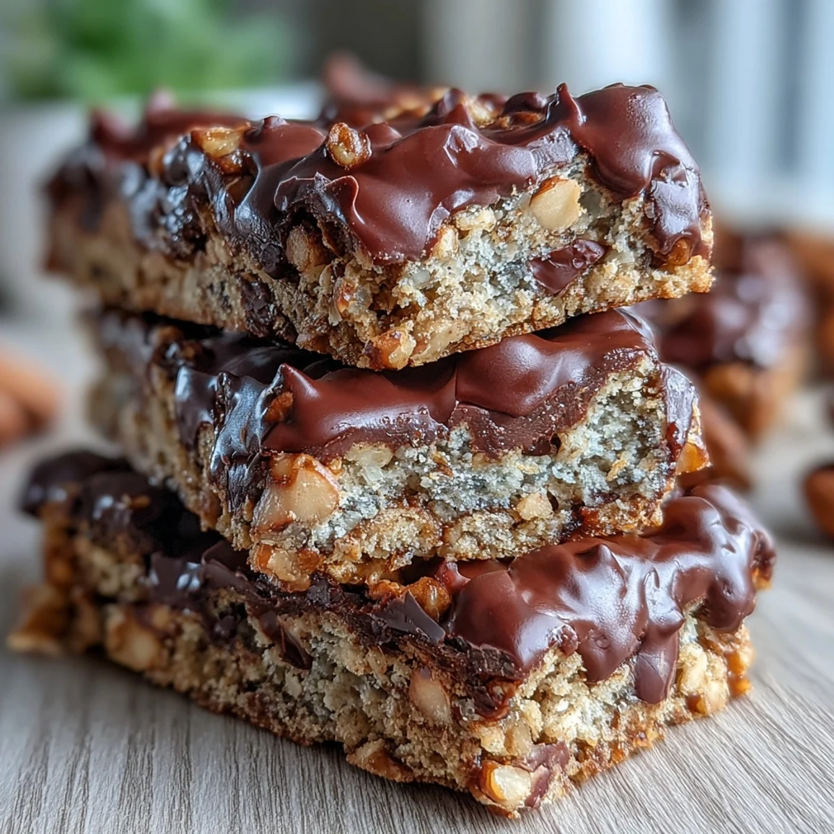 Freshly baked Chunky Monkey Protein Baked Oat Bars loaded with chocolate chips and walnuts.