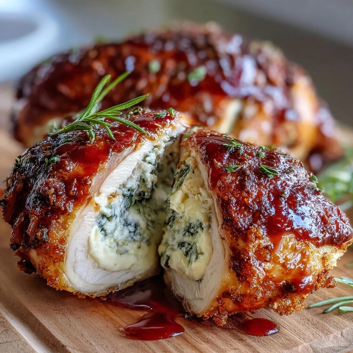 Baked Hot Honey Ricotta Stuffed Chicken breasts, fresh from the oven, glistening with golden glaze and herbs.
