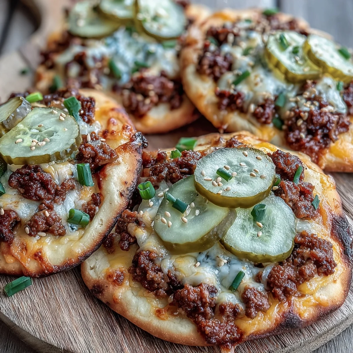 Cheeseburger Garlic Naan Pizzas fresh from the oven, featuring melted cheese sauce, seasoned beef, and glistening pickles.