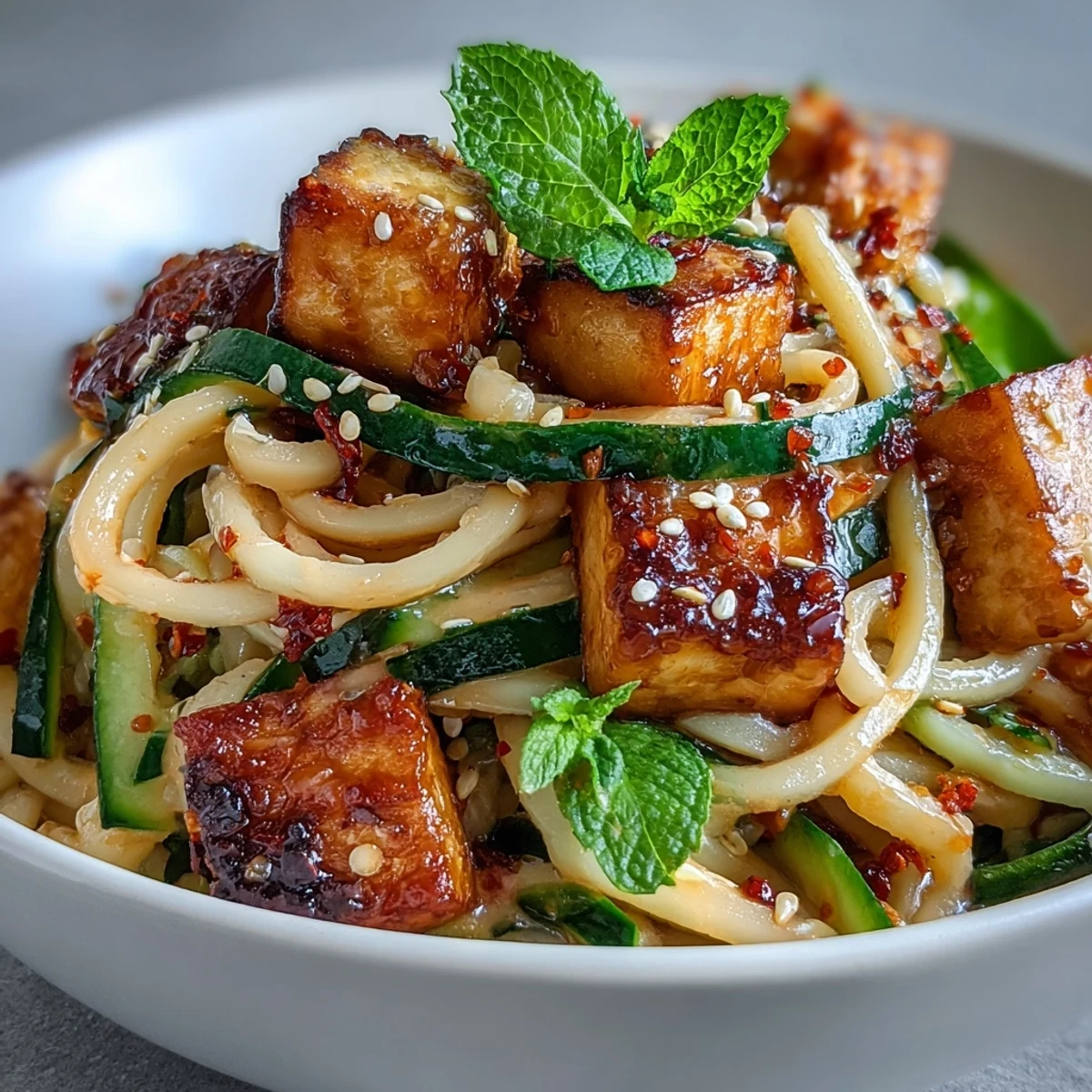 Vibrant TikTok-Style Chili Crisp Cucumber Noodle Bowls with tofu and julienned carrots tossed in a creamy chili dressing.