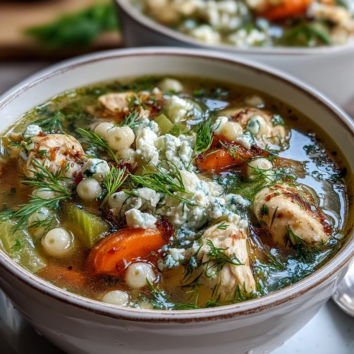 Freshly cooked chicken pieces and diced vegetables simmer for the Greek Chicken & Pearl Couscous Soup.