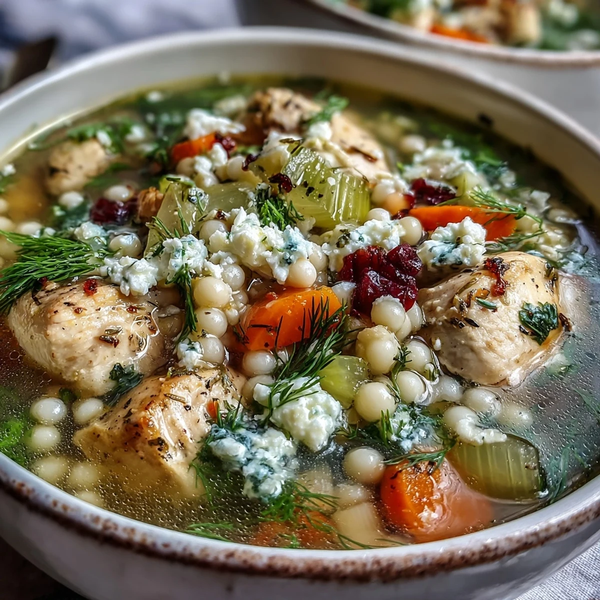 Crumbled feta and chopped dill garnish a warm bowl of Greek Chicken & Pearl Couscous Soup.