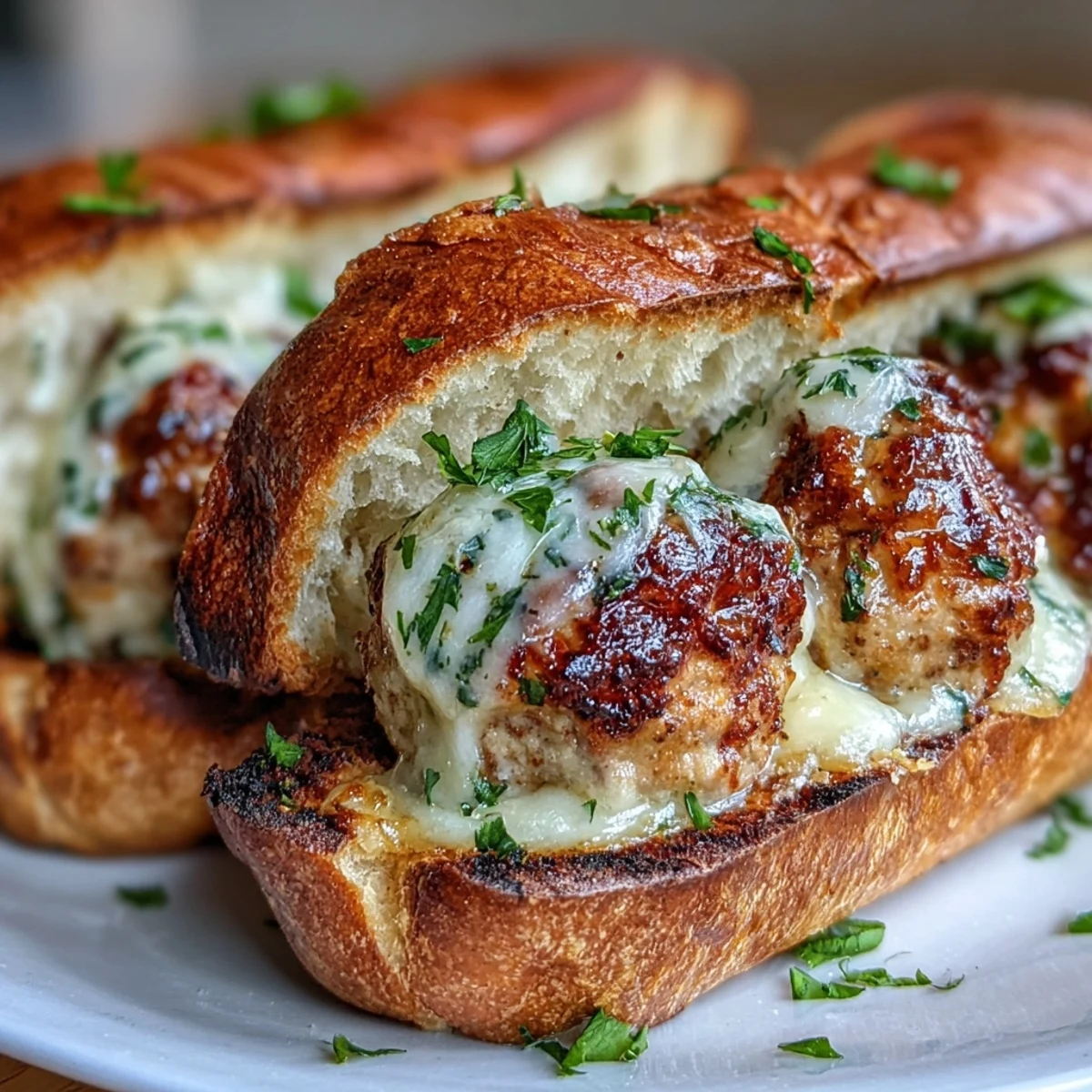 Golden-baked turkey meatballs rest in a creamy garlic-Parmesan sauce, ready to be piled into toasted hoagie rolls.