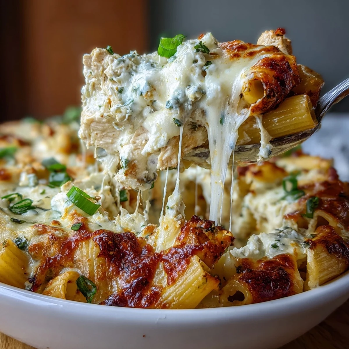 Golden, bubbly Creamy Buffalo Ranch Chicken Pasta Bake fresh from the oven, garnished with green onions.
