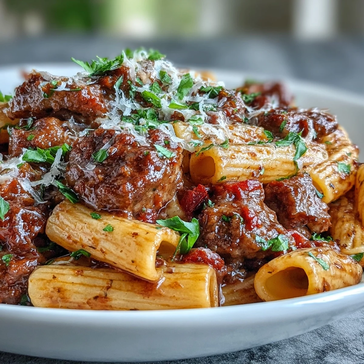 One-Pot Creamy Red Wine Sausage Pasta in a rustic skillet, garnished with fresh basil and melted Parmesan, showcasing a rich, velvety red sauce and perfectly cooked penne.