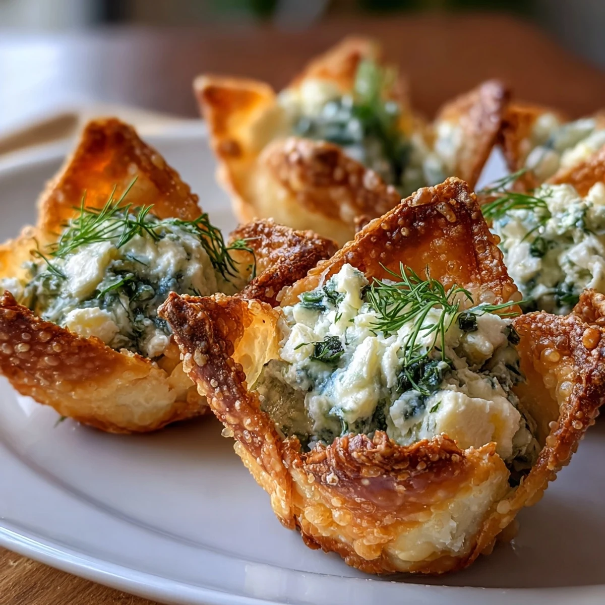 Golden, crispy Crispy Spinach Feta Wonton Cups fresh from the oven, filled with creamy green spinach and crumbled white feta.