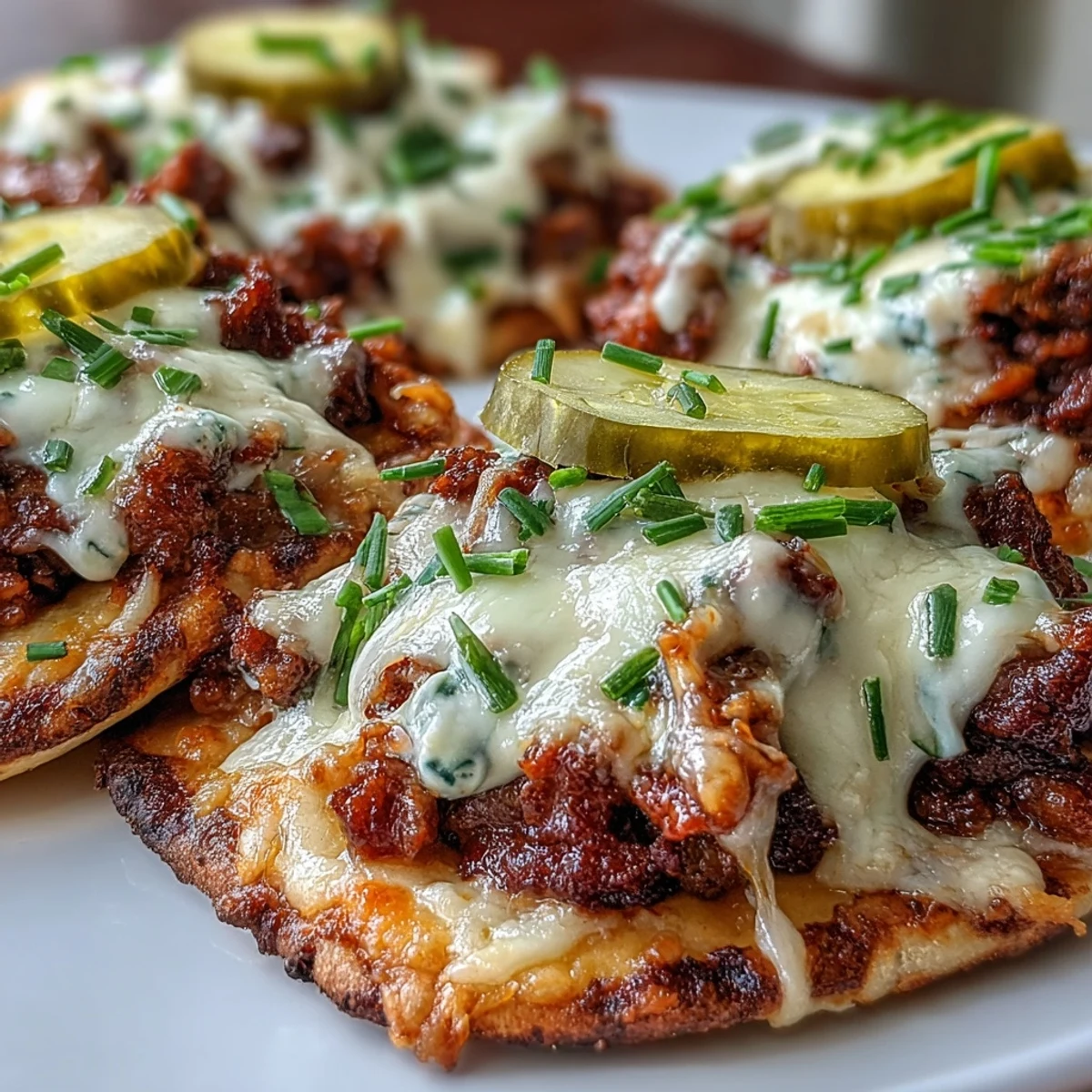 Golden baked Cheeseburger Garlic Naan Pizzas feature seasoned ground beef and creamy cheese sauce on warm garlic naan bread.