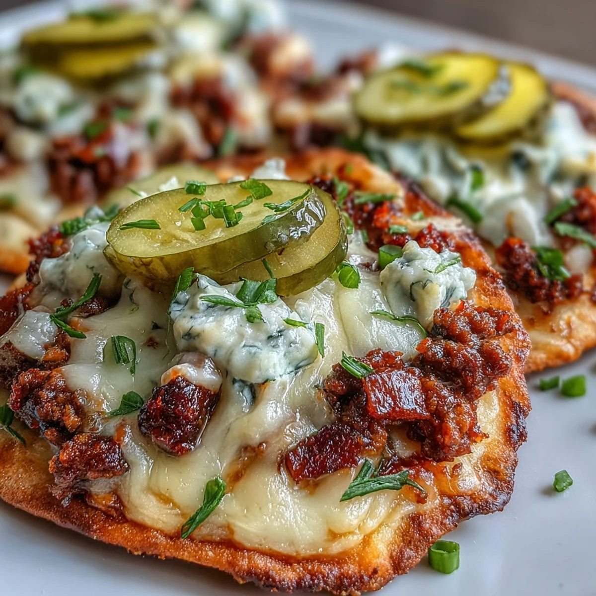 Handheld Cheeseburger Garlic Naan Pizzas topped with dill pickles, ketchup, and fresh chives served on a wooden board.