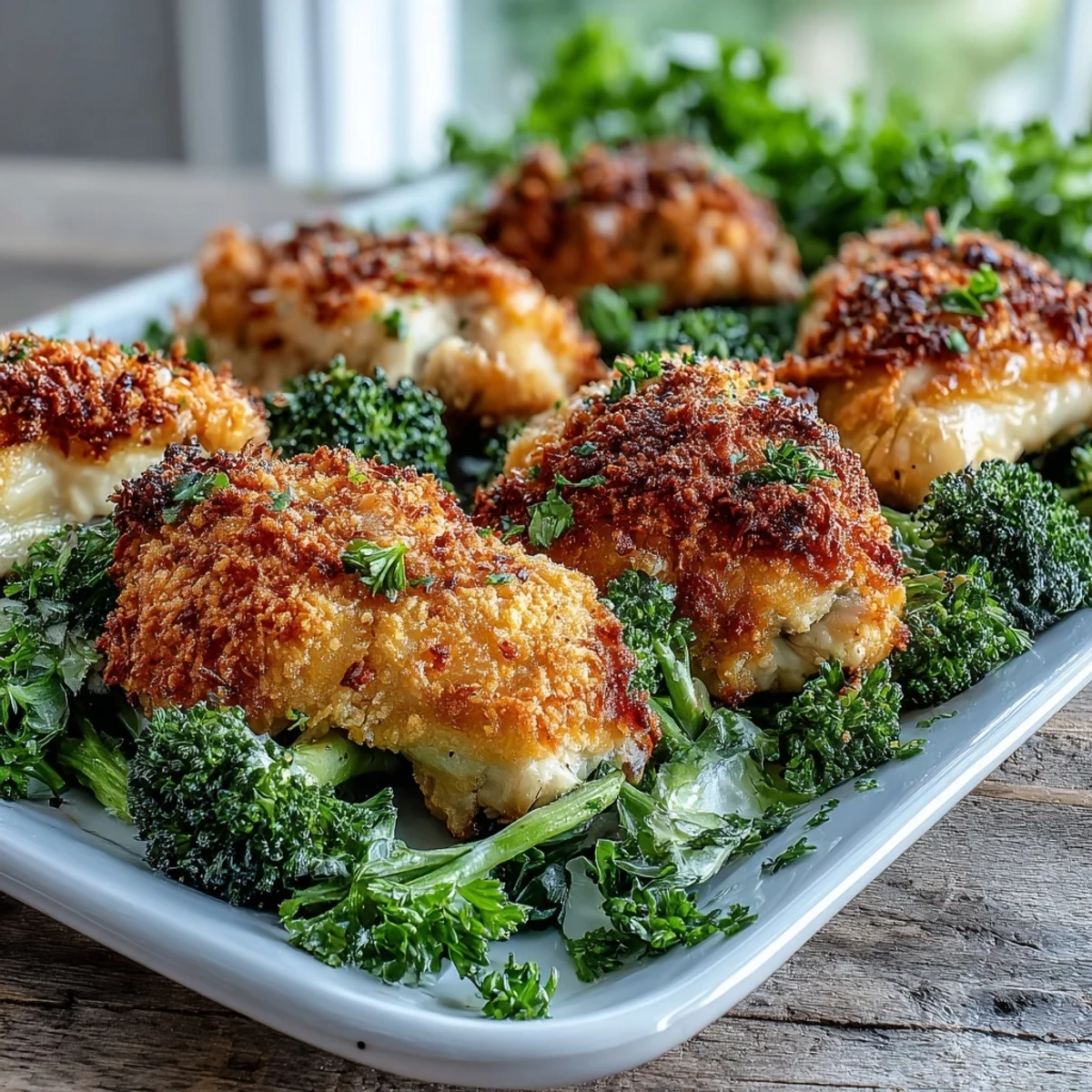 Crispy Parmesan Broccoli & Chicken Trays served fresh from the oven on a baking sheet.