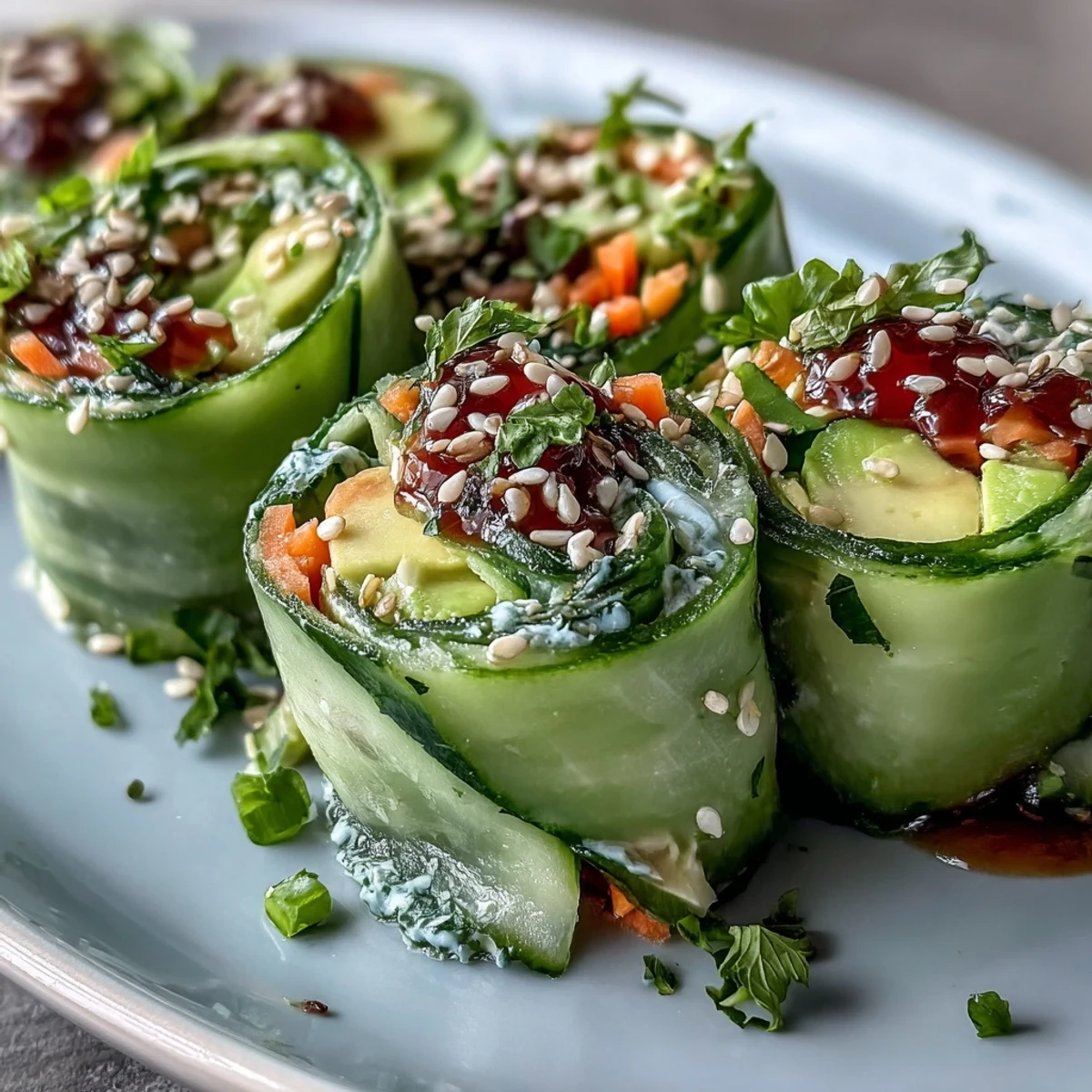 A close-up view of Light Cucumber Avocado Rolls with Sesame showcasing creamy avocado and crisp cucumber textures.