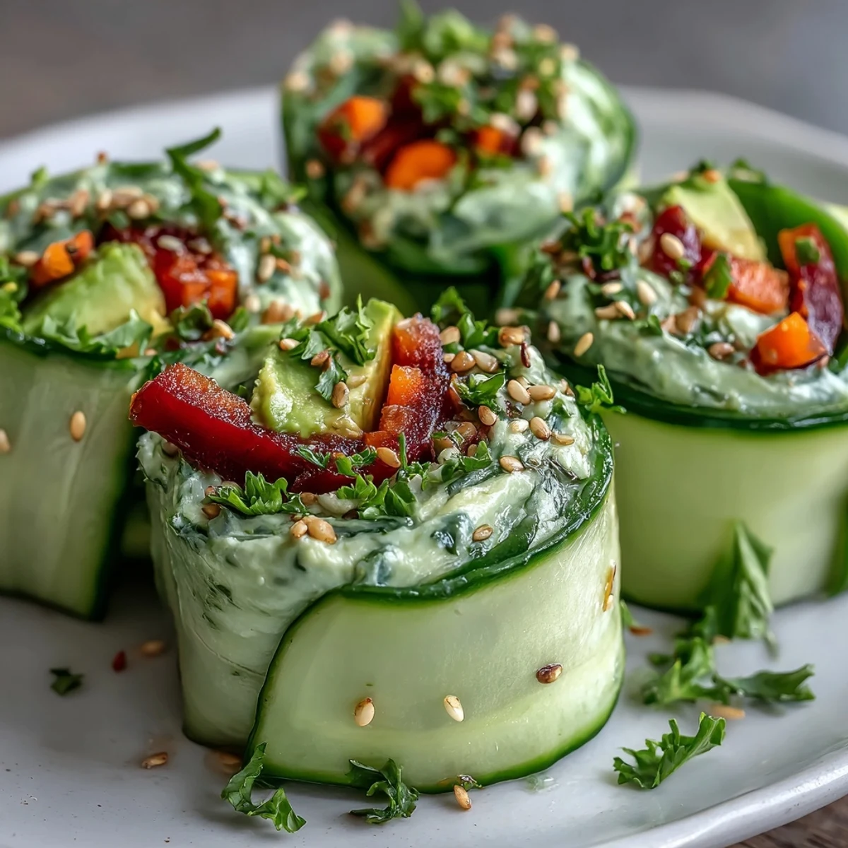 Fresh Light Cucumber Avocado Rolls with Sesame served on a bamboo board with soy dipping sauce.