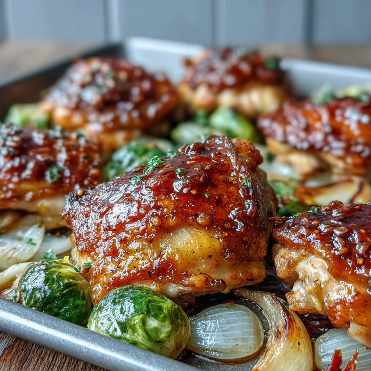 This single-pan dinner shows juicy chicken thighs with crispy Brussels sprouts and onions, perfect for a weeknight meal.