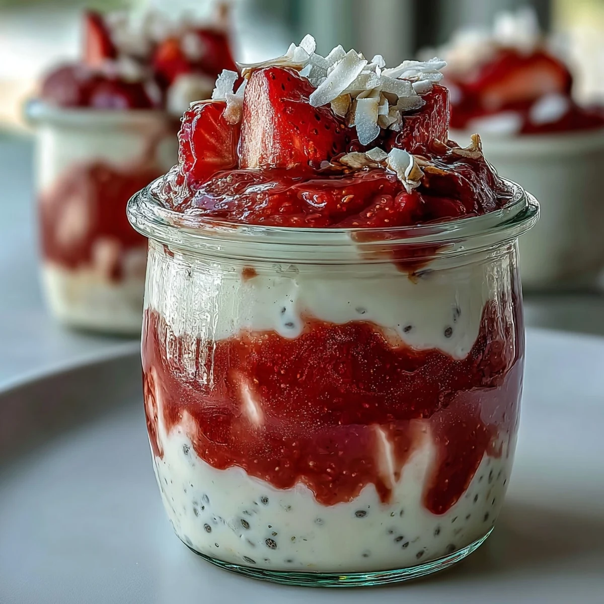 Creamy vegan Strawberry Chia Seed Pudding layered with bright fruit puree, served chilled in a glass jar for breakfast.