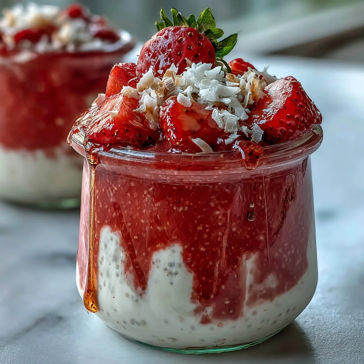 Healthy Strawberry Chia Seed Pudding topped with fresh mint and strawberries, a low calorie dessert ready to enjoy after chilling.