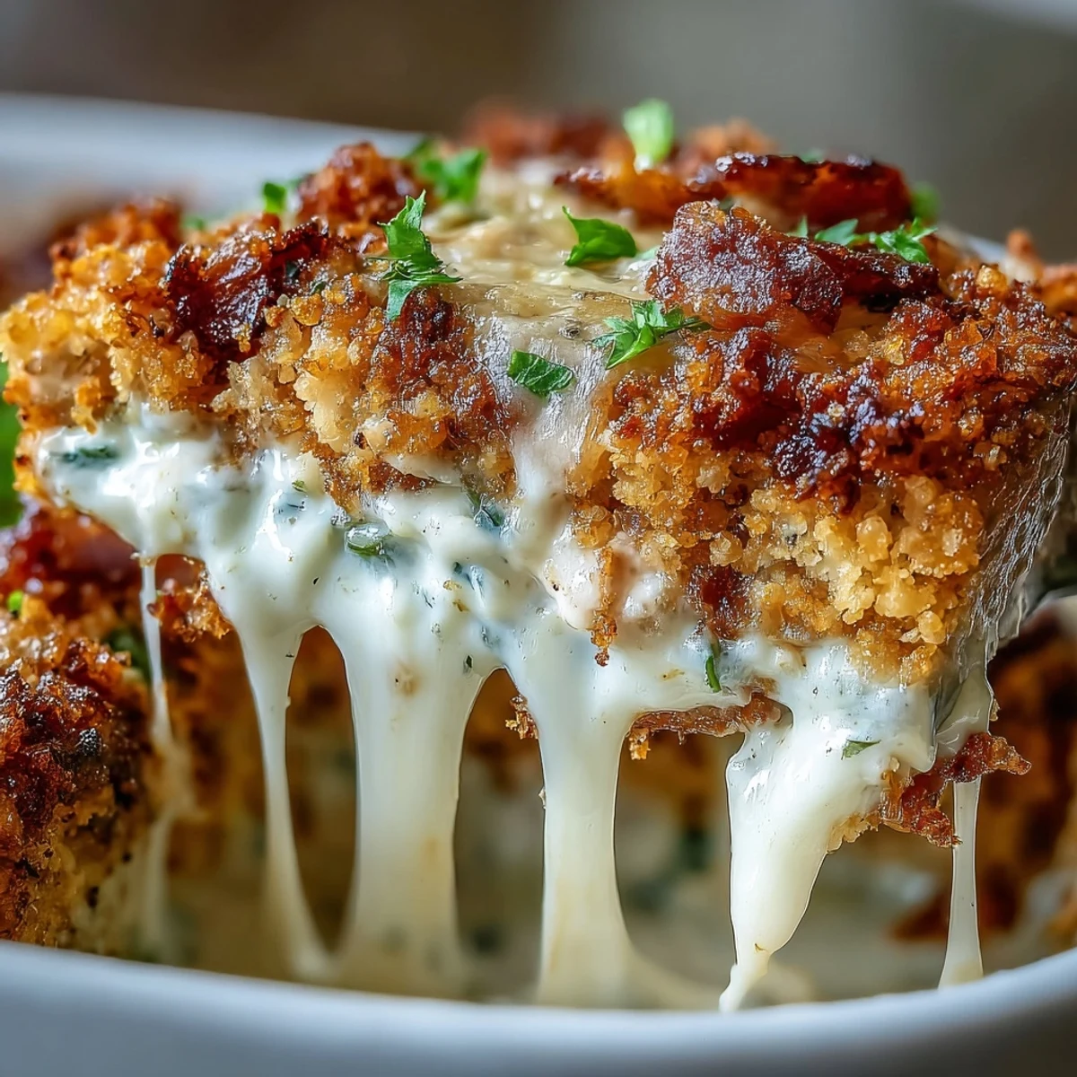 A serving of Keto Chicken Cordon Bleu Casserole plated with a fresh green side salad, showcasing the rich, cheesy, golden-brown top.