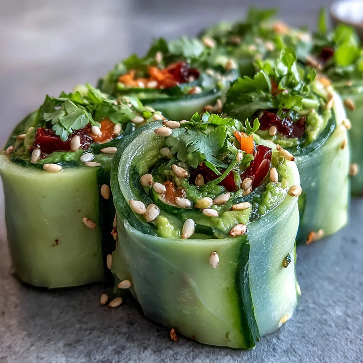 Light Cucumber Avocado Rolls with Sesame arranged on a white plate with dipping sauce and fresh garnishes.