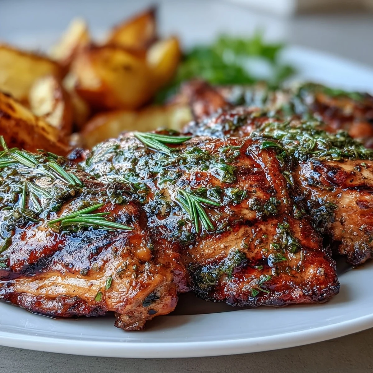 Grilled Herb Chicken with Roasted Root Vegetables plated, featuring juicy rosemary chicken and golden-brown carrots, parsnips, and potatoes.