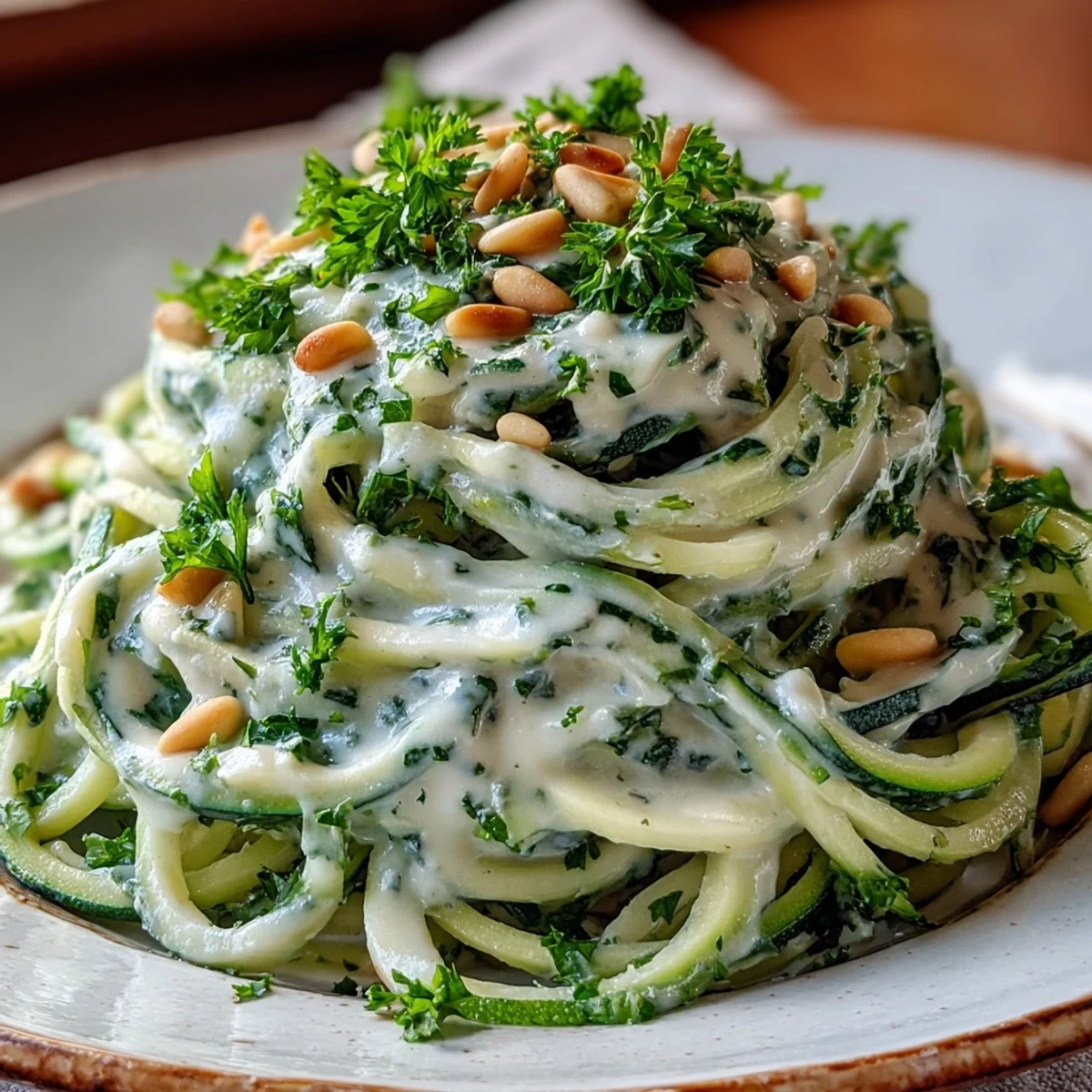 Creamy cashew Alfredo sauce clings to tender zucchini noodles in this vegan dinner, garnished with fresh parsley and toasted pine nuts.