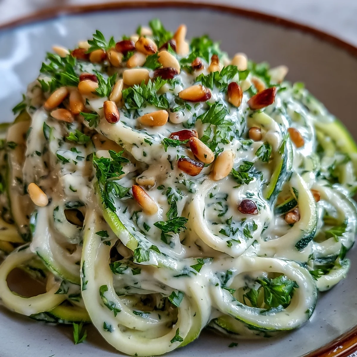 A close-up of this Vegan Creamy Cashew Alfredo over Zucchini Noodles highlights silky sauce, fresh greens, and toasted pine nuts for crunch.