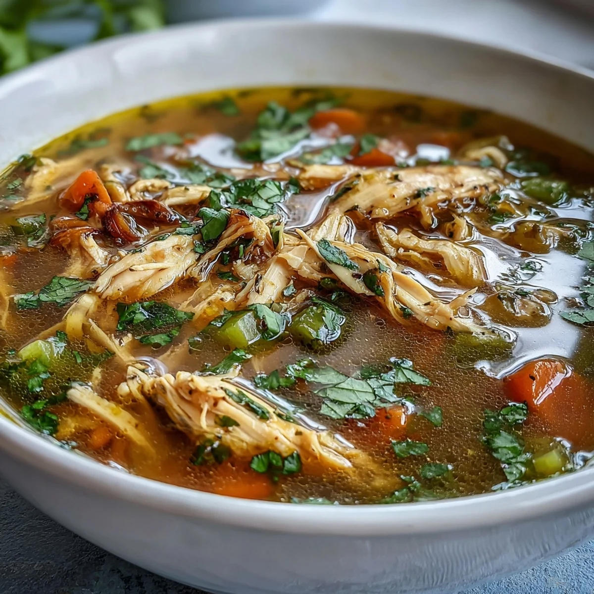 Hearty chicken thighs simmered in a vibrant turmeric broth with carrots, celery, and warming ginger, creating a nourishing anti-inflammatory meal.  