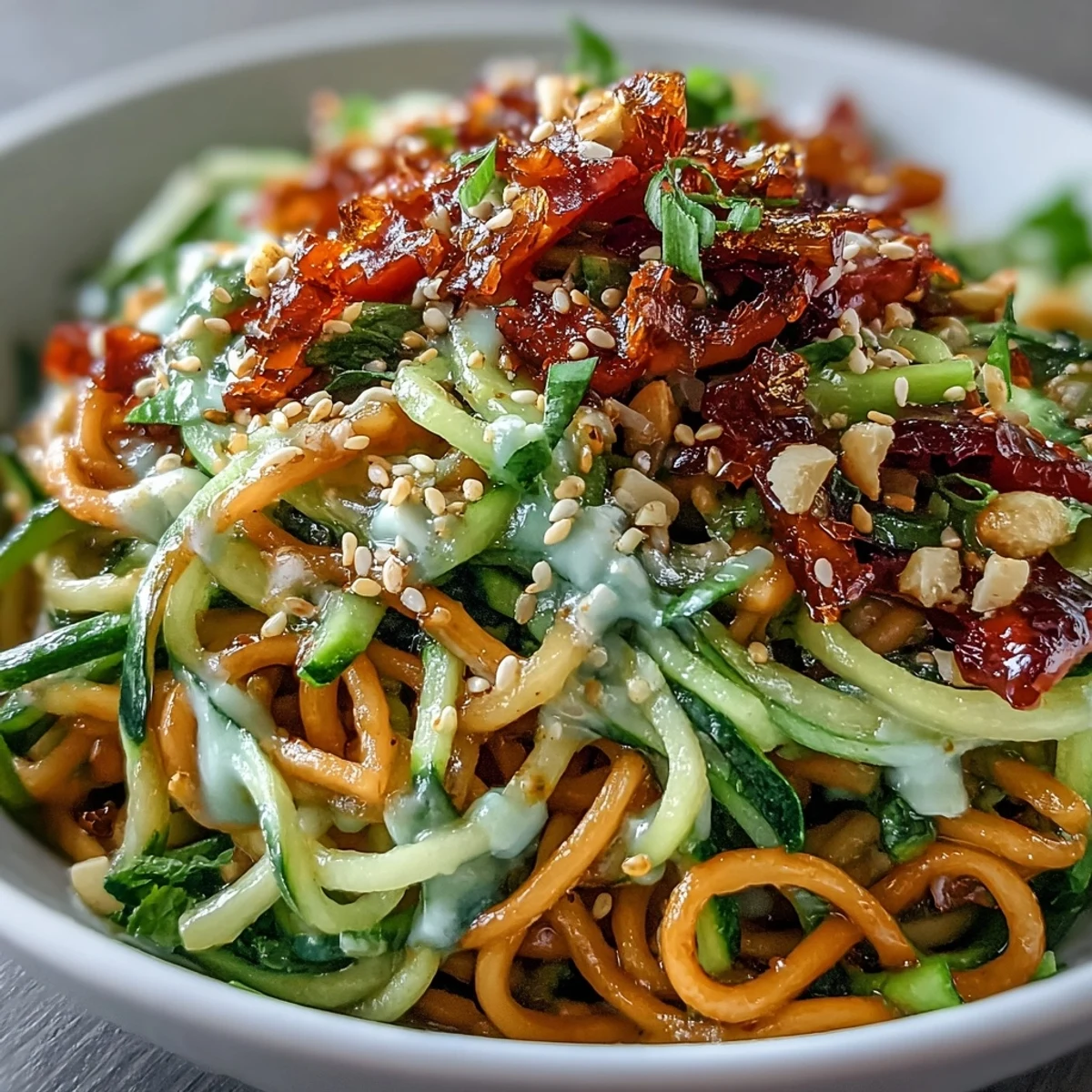 TikTok-Style Chili Crisp Cucumber Noodle Bowls with tofu, vibrant veggies, and spicy chili crisp dressing, served in a modern ceramic bowl.
