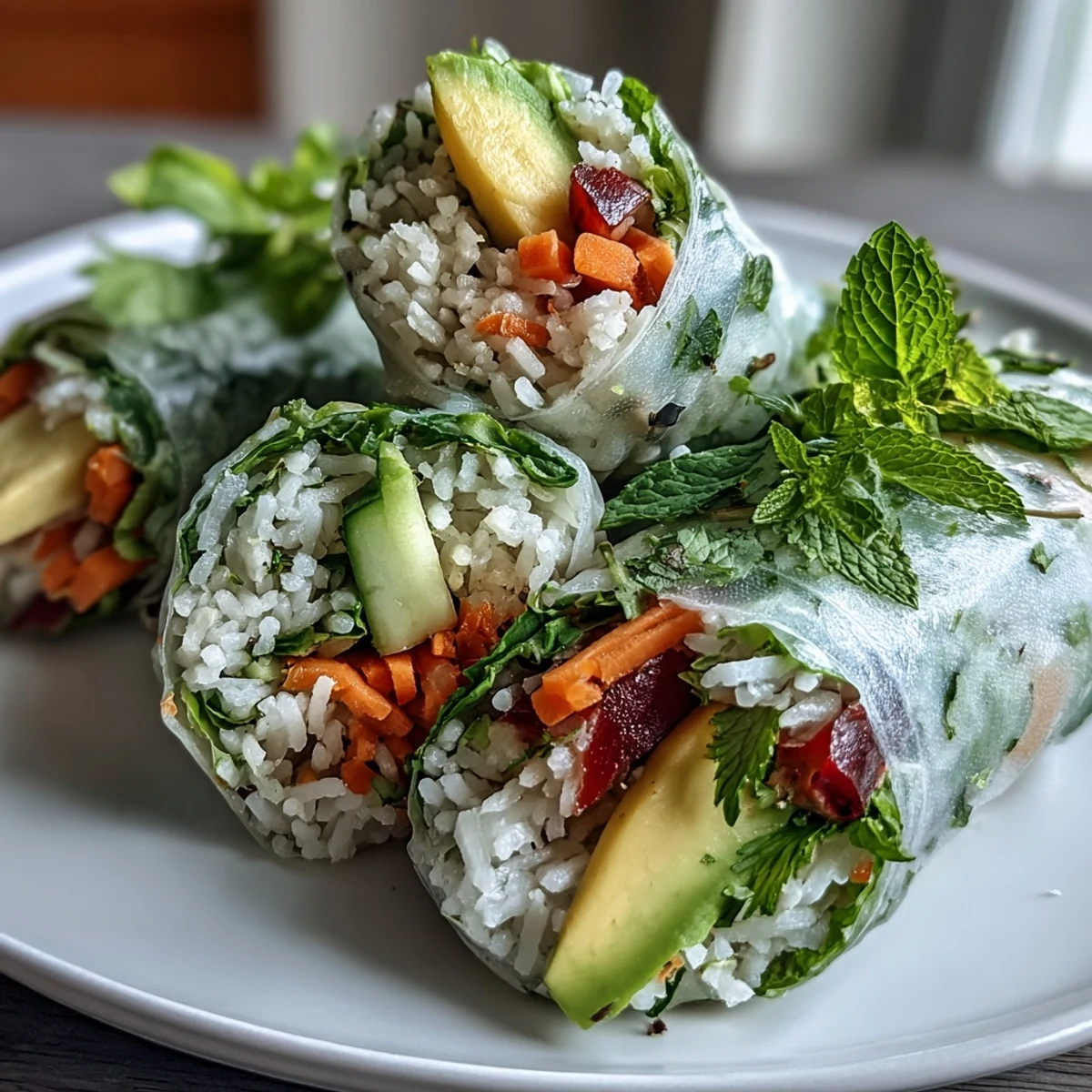 Fresh vegan mango avocado spring rolls with crisp vegetables and herbs, served with a zesty sweet chili dipping sauce.  