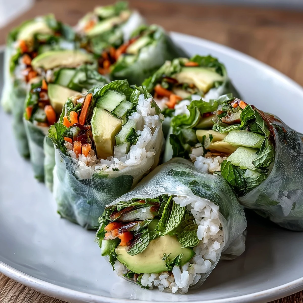 Vibrant mango and avocado spring rolls filled with crunchy vegetables and fresh herbs, served with a sweet chili dipping sauce.