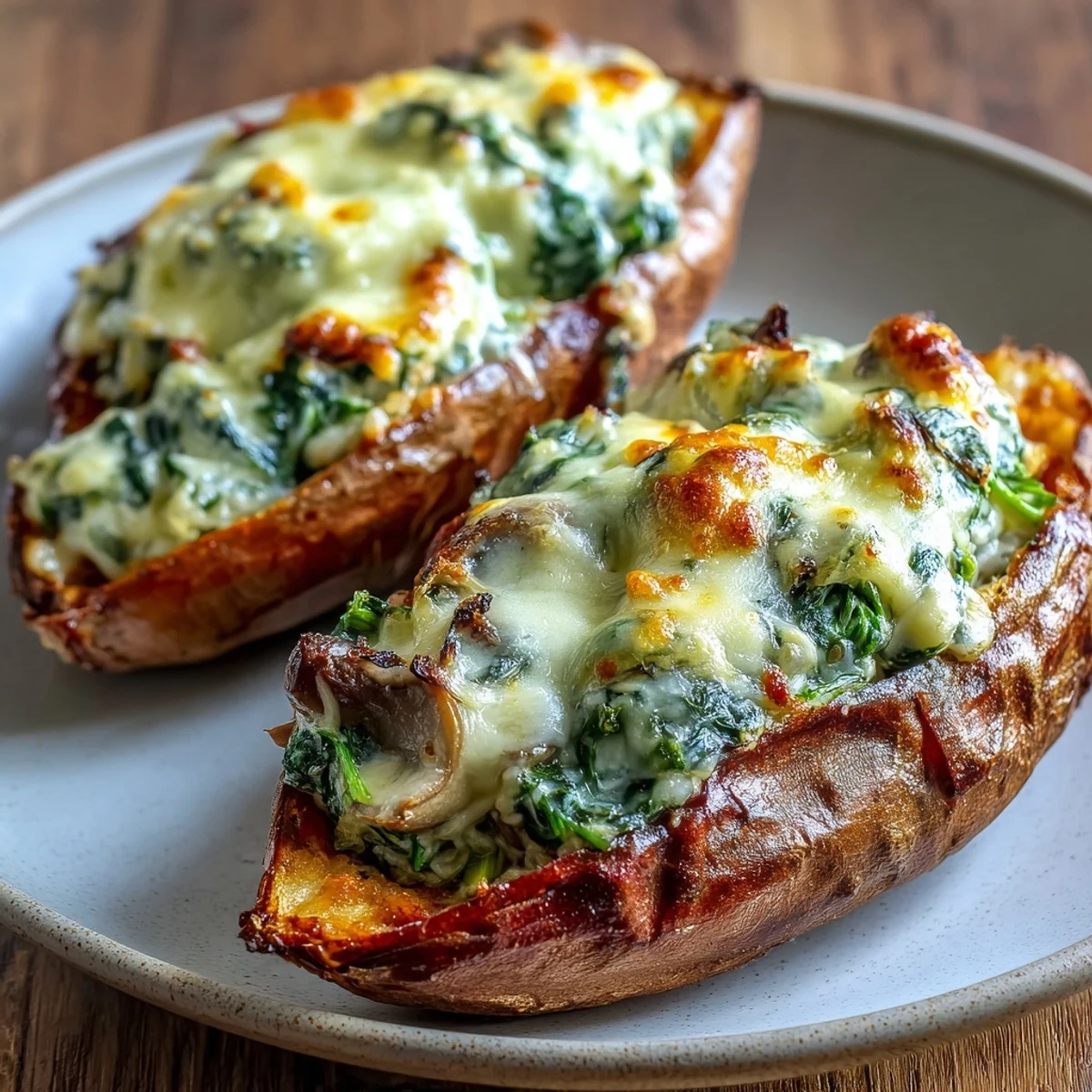 Creamy mushroom and spinach stuffed sweet potatoes, roasted to golden perfection and topped with melted cheese.  
